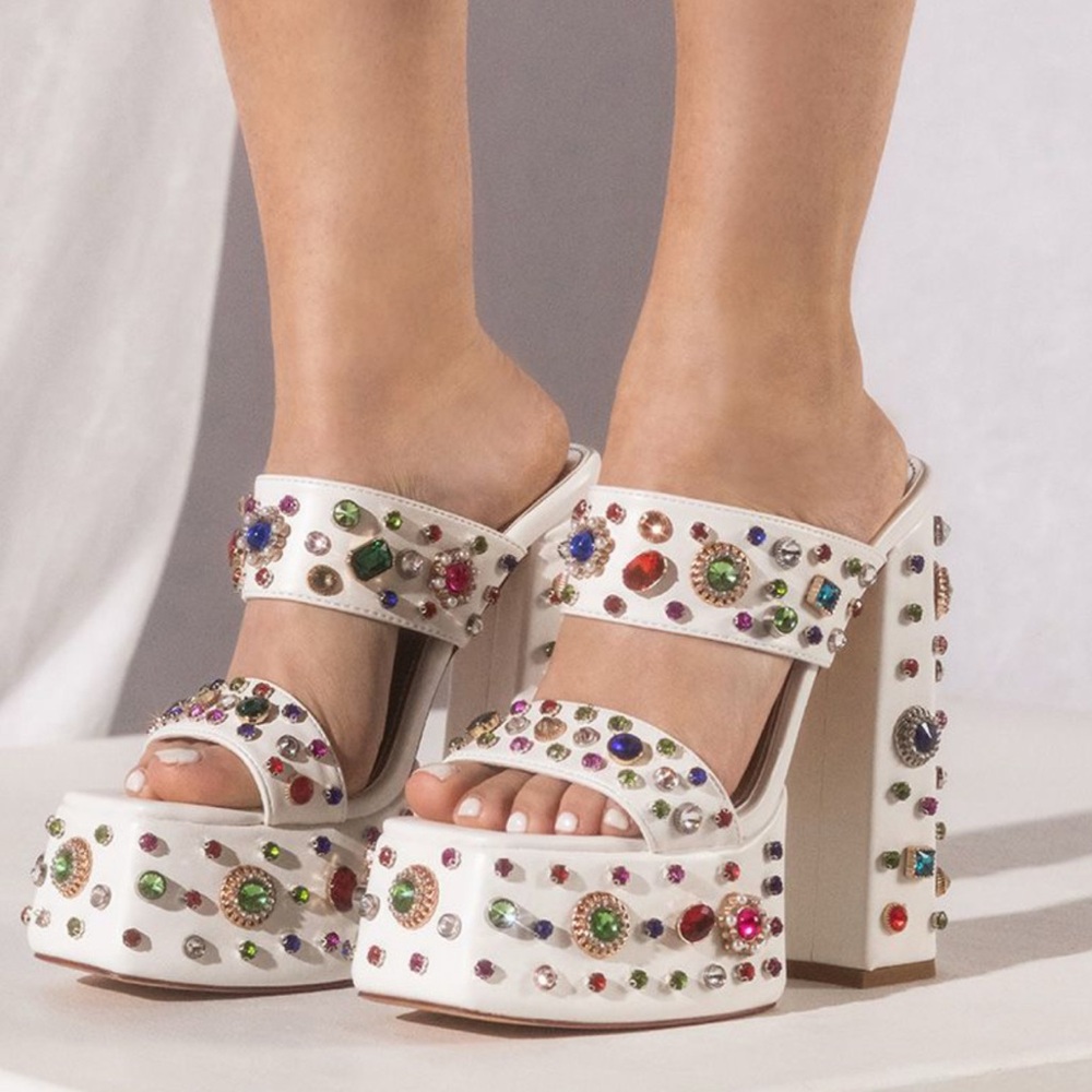 Gem-Studded White Platform Sandals